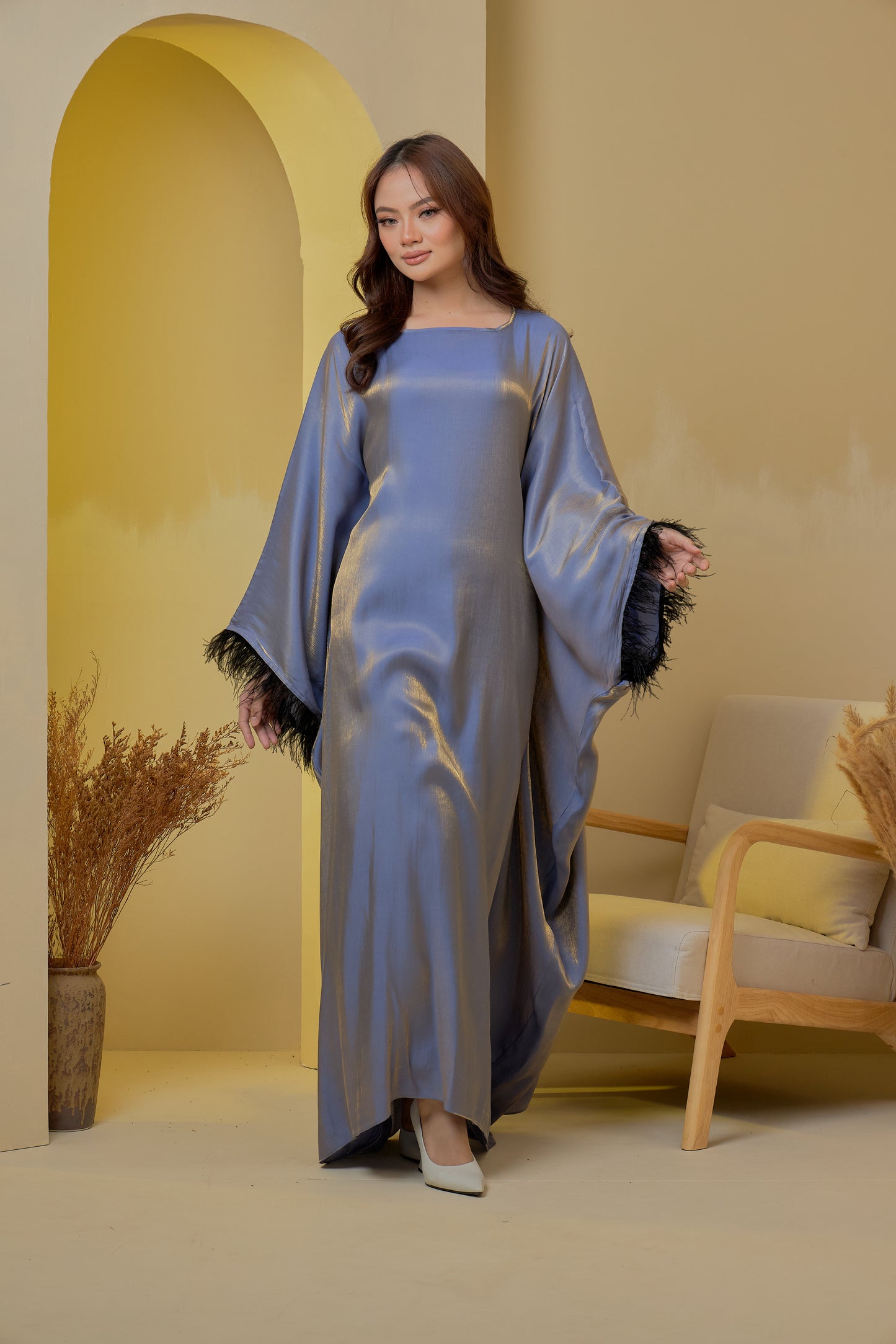 Daria Feathers Abaya - Luxe Satin Kaftan